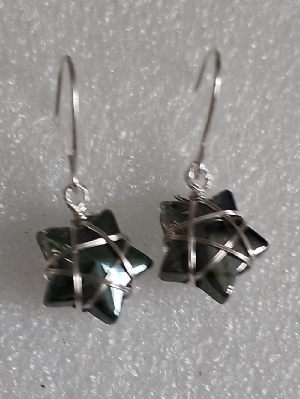 Hand Crafted Metallic Green Star Wire-Wrapped Drop Earrings